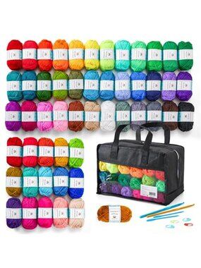 52 Colors Acrylic Yarn Kit Crochet Knitting Hooks Needles Stitch Markers Bag